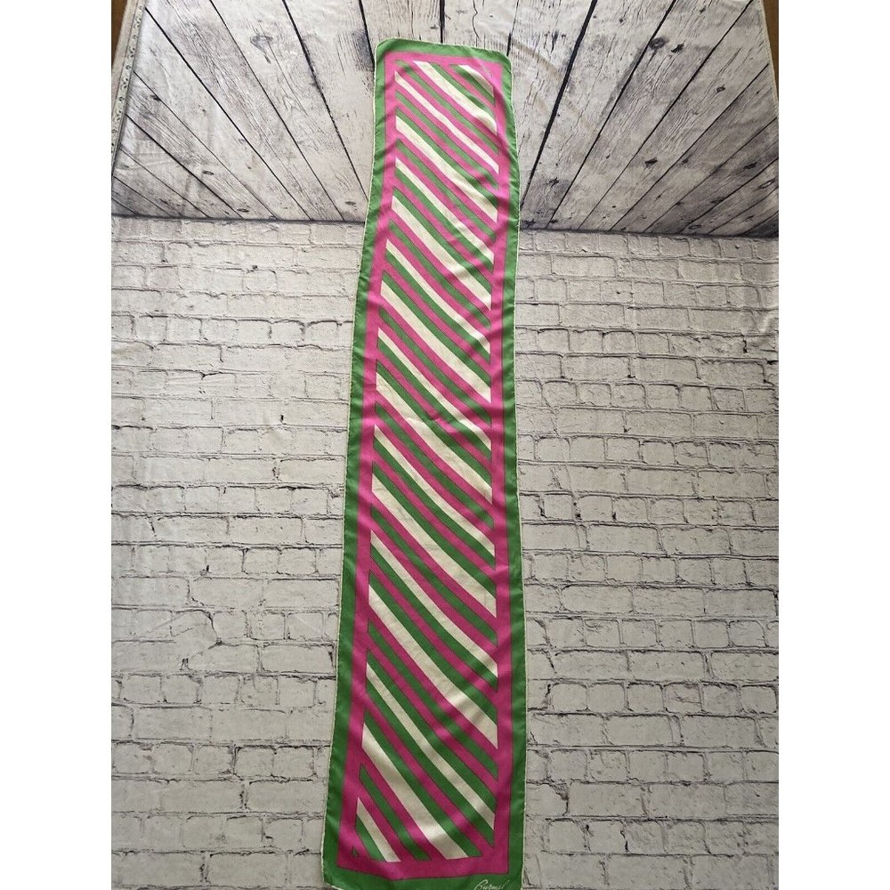 Burmel Vintage 1960's Pink Green Stripe Hand Rolled All Silk Scarf 13x68 Italy - Picture 10 of 16